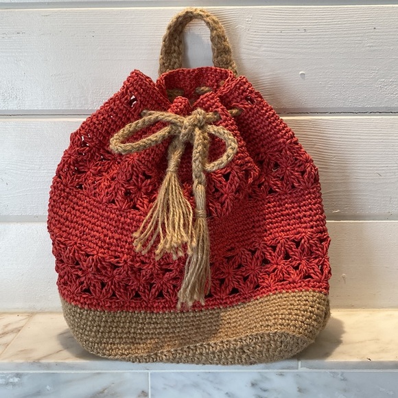 Boho Red and Natural Raffia Drawstring Backpack - Picture 2 of 7